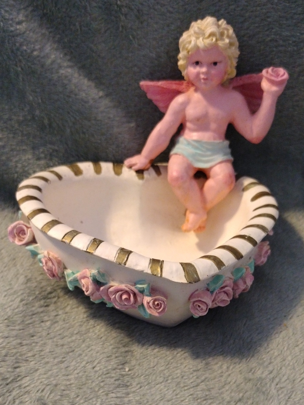 Decorative Heart Trinket Dish with Pink Rose Accents and Cherub